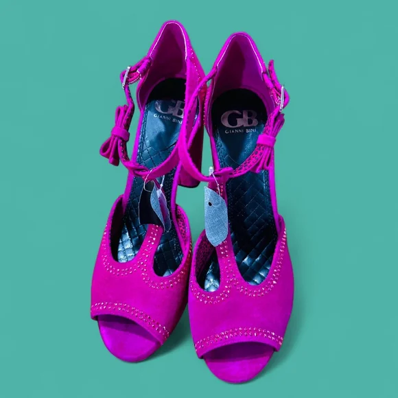 Fuchsia Pink T-Strap Suede Platform Peep-Toe Block Heels Gianni Bini 9 - Picture 7 of 8